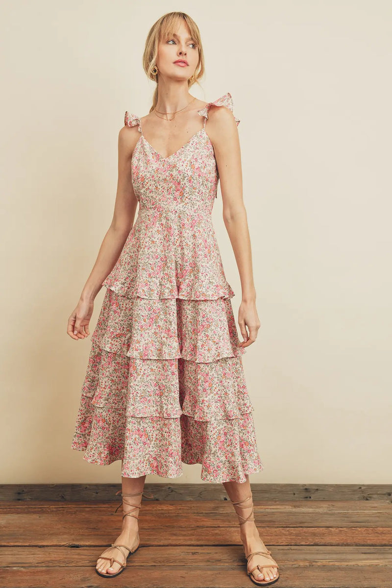 Coco Rosine - Valentina Ruffle Midi Dress Small / Pastel Pink & Ivory Coco Rosine - Valentina Ruffle Midi Dress Small / Pastel Pink & Ivory